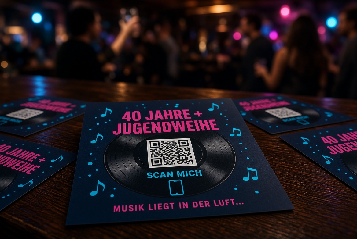 Bedruckte BeeMoved-Flyer mit QR-Code liegen auf einem Tisch bei einer Feier