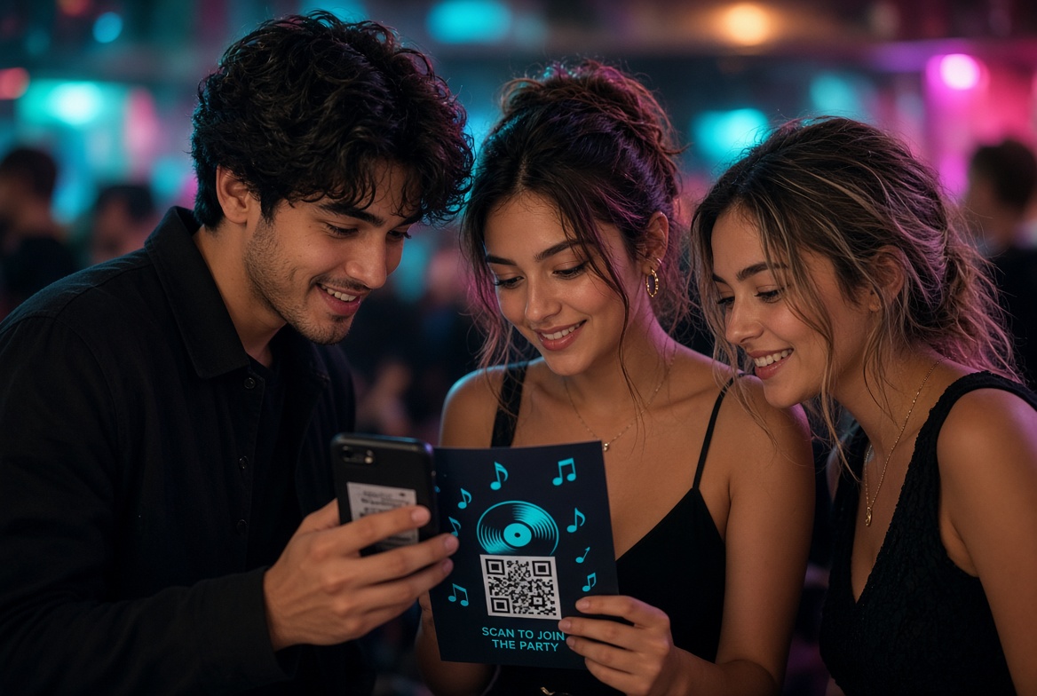 Drei Gäste scannen den QR-Code auf dem Flyer mit einem Handy